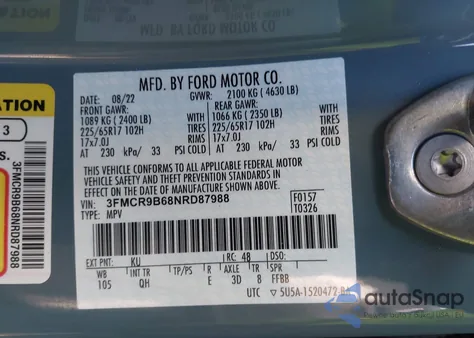 2022 Ford Bronco Sport Big Bend из США, поврежденный, VIN 3FMCR9B68NRD87988